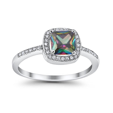 Halo Accent Engagement Ring Simulated Rainbow CZ 925 Sterling Silver